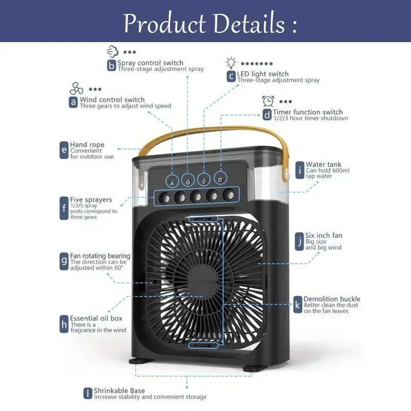 Portable 3-in-1 Air Cooler Fan with LED Light & Humidifier